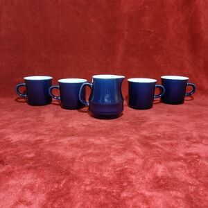 Vintage Stoneware Creamer Bowl And Coffee Tea Cup Set Blue & White 5 Piece Set